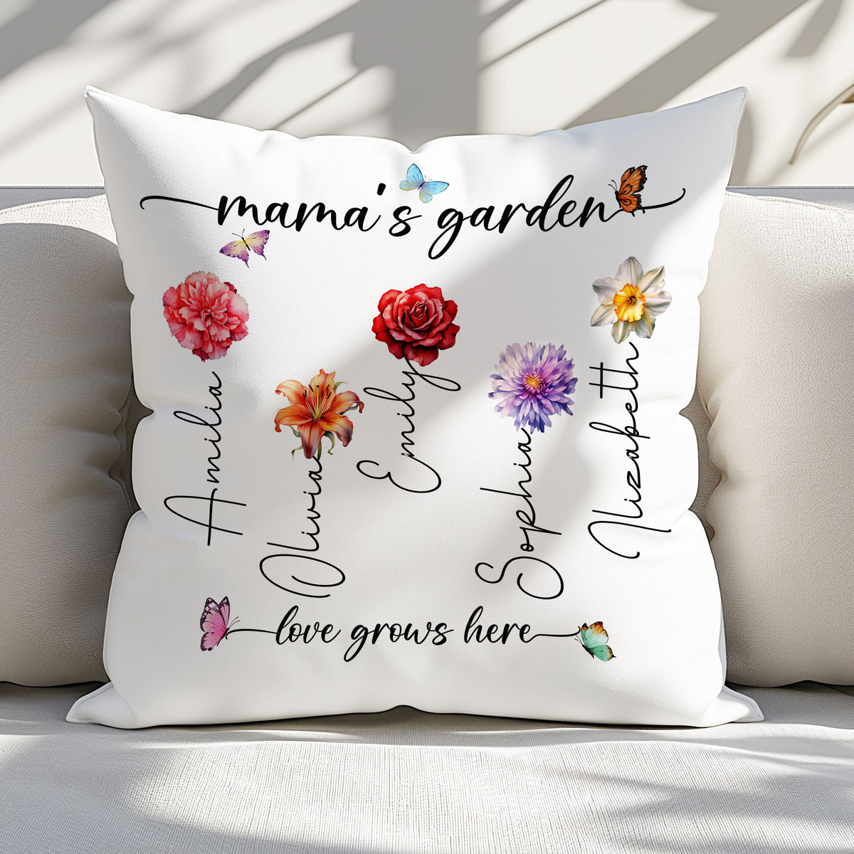 Mama's Garden Love Grows Here Birth Flower Custom Child's Name Pillow