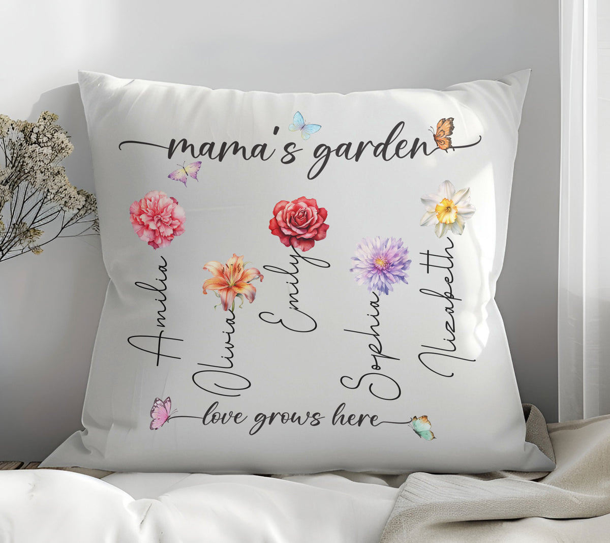 Mama's Garden Love Grows Here Birth Flower Custom Child's Name Pillow, Gift For Mom, Gift For Grandma, Birthday Gift