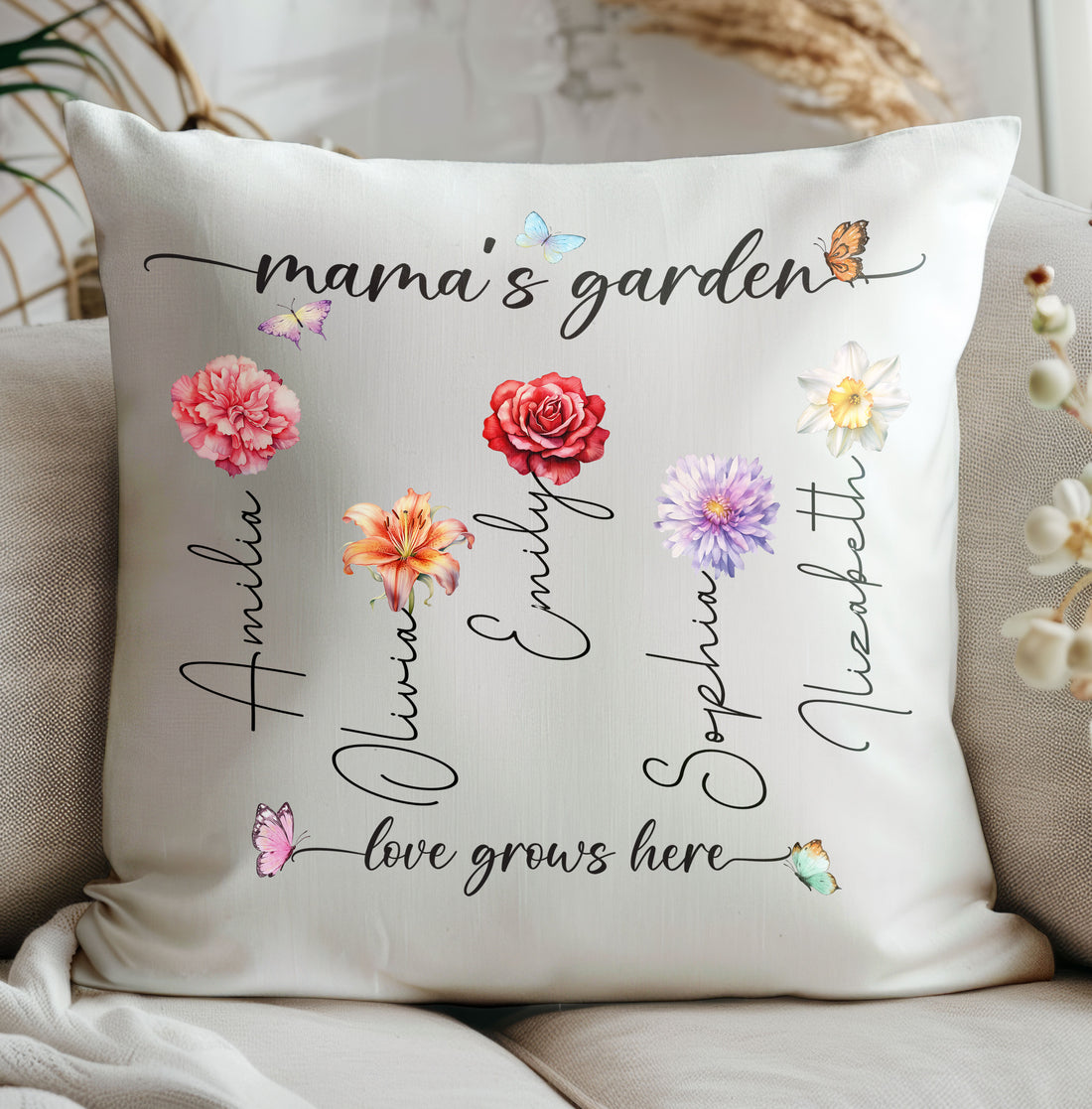Mama's Garden Love Grows Here Birth Flower Custom Child's Name Pillow, Gift For Mom, Gift For Grandma, Birthday Gift, Mother's Day Gift