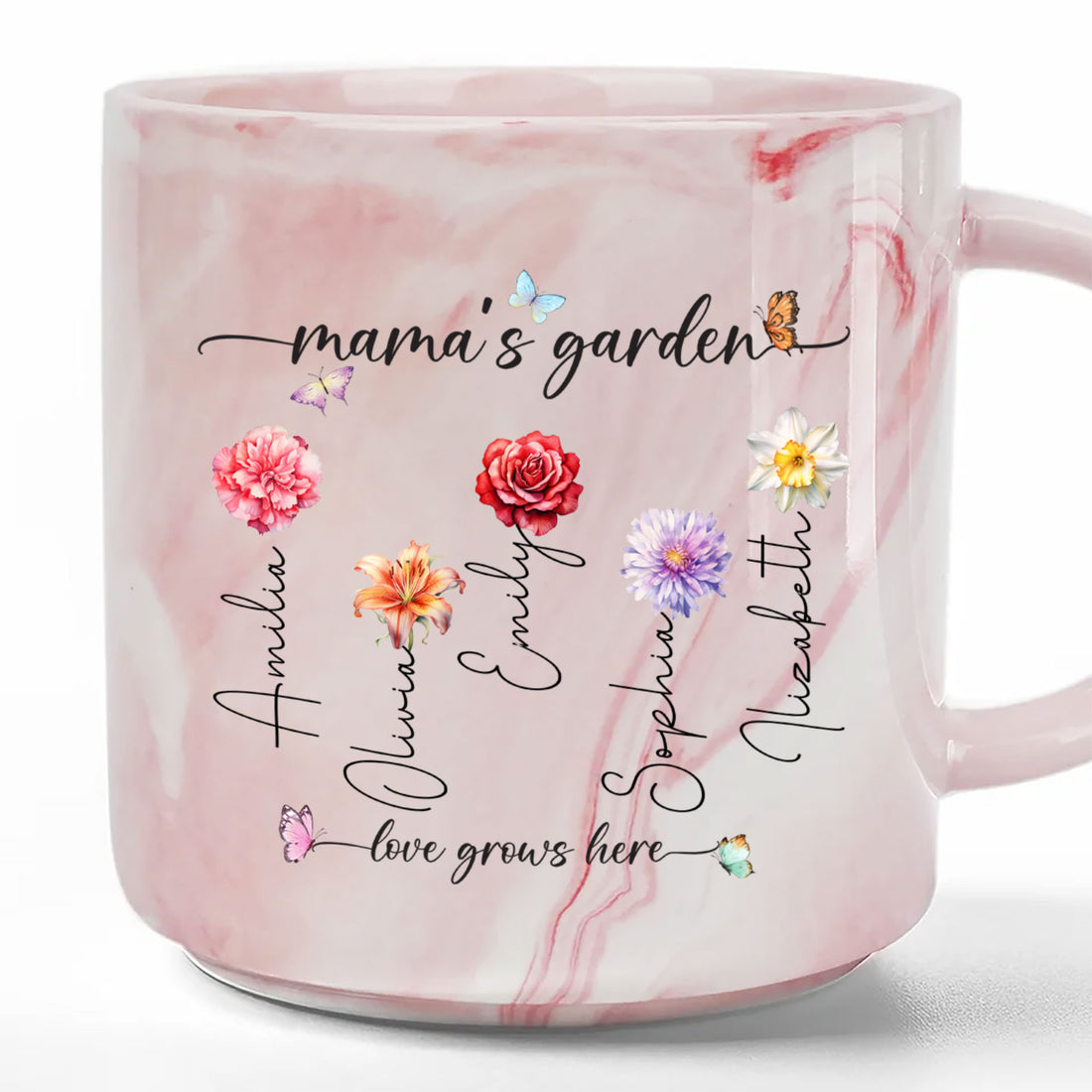 Mama's Garden Love Grows Here Birth Flower Personalized Marble Mug