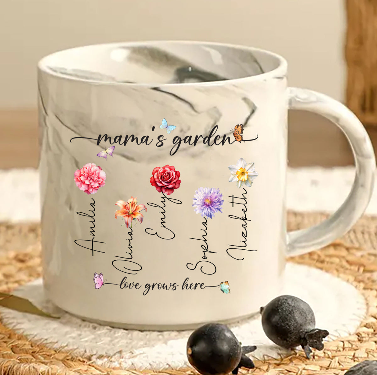 Mama's Garden Love Grows Here Birth Flower Personalized Marble Mug, Gift For Mom, Gift For Grandma