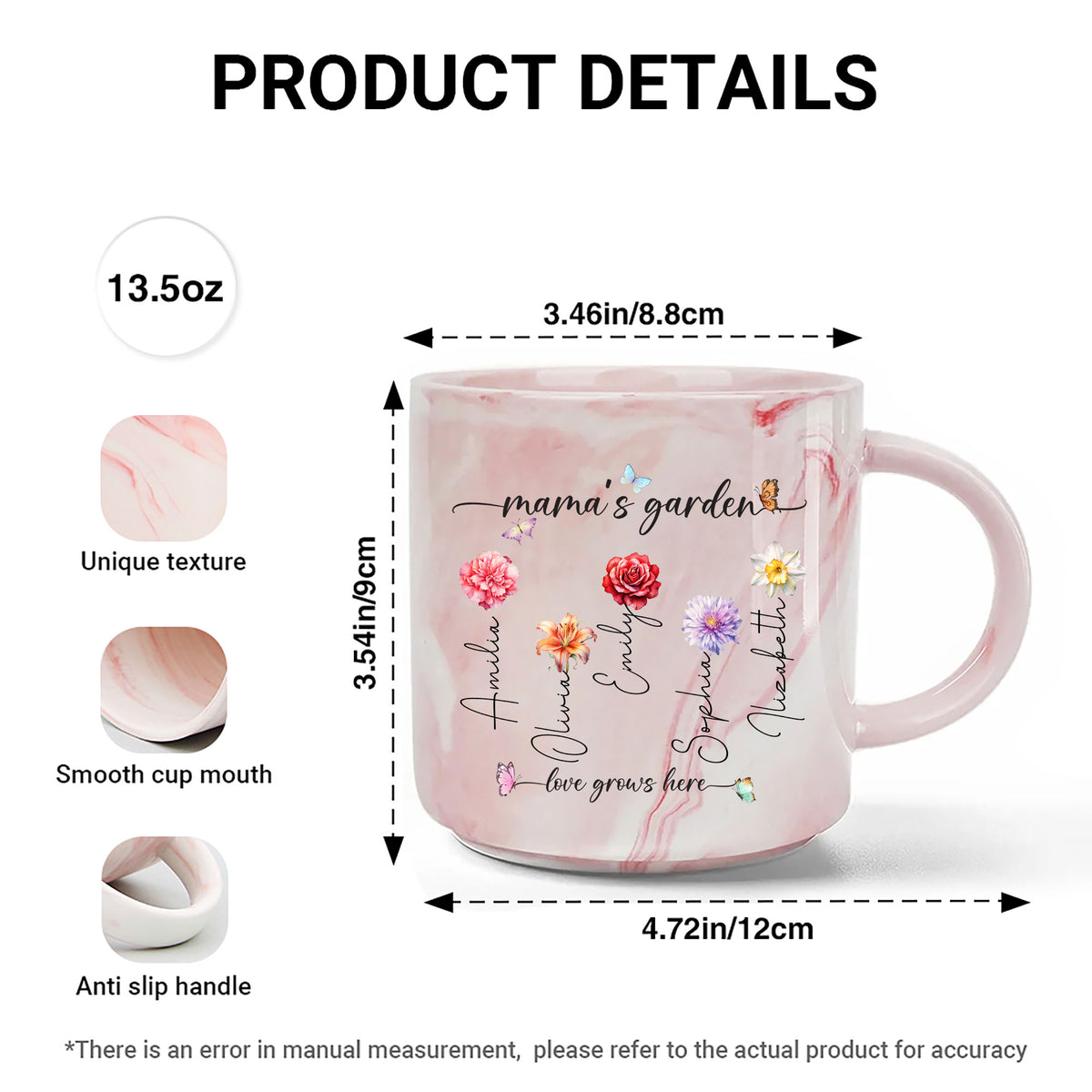 Mama's Garden Love Grows Here Birth Flower Personalized Marble Mug size chart