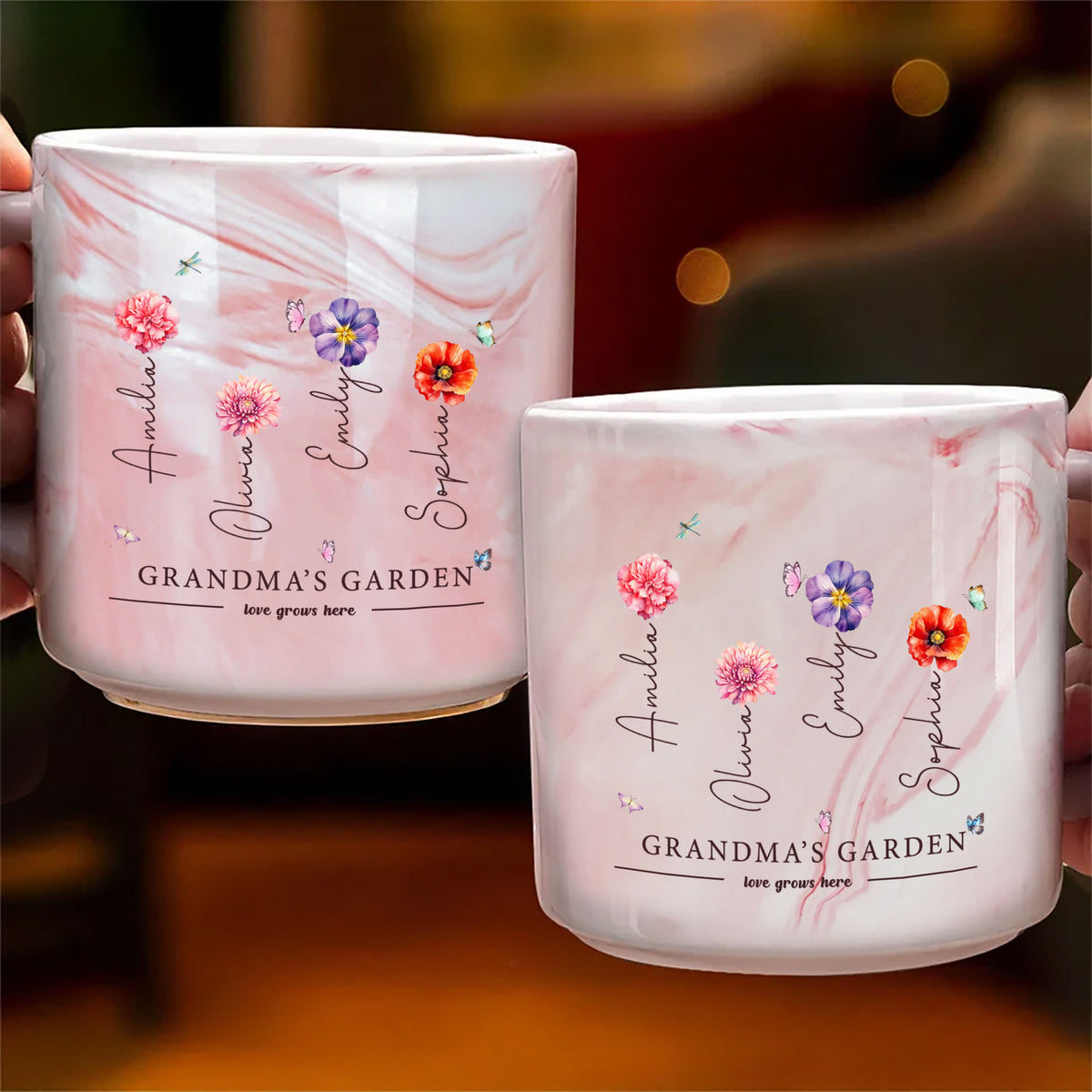 Marble Mug with Grandchild's Name, Birth Flower, and "Love Grows Here"

