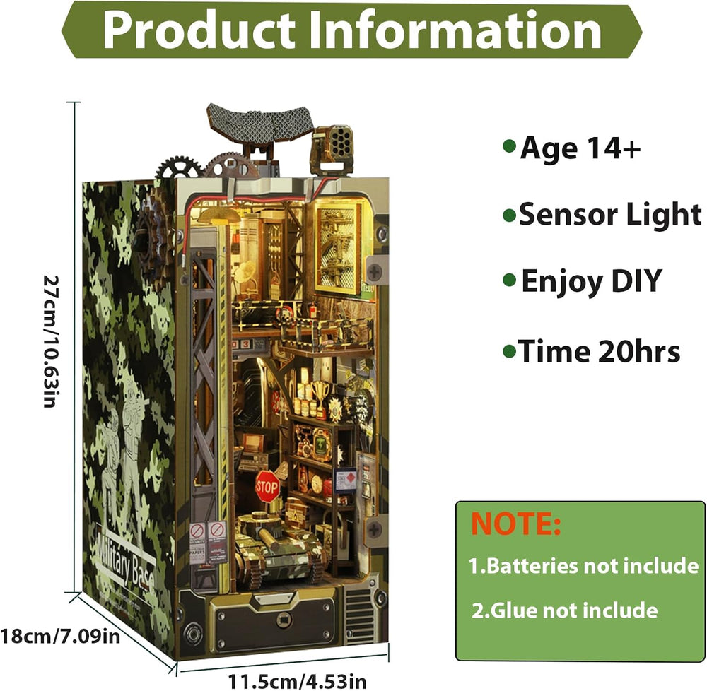 Product information graphic showing dimensions of 18x11.5x27cm, age 14+, sensor light, and assembly details.
