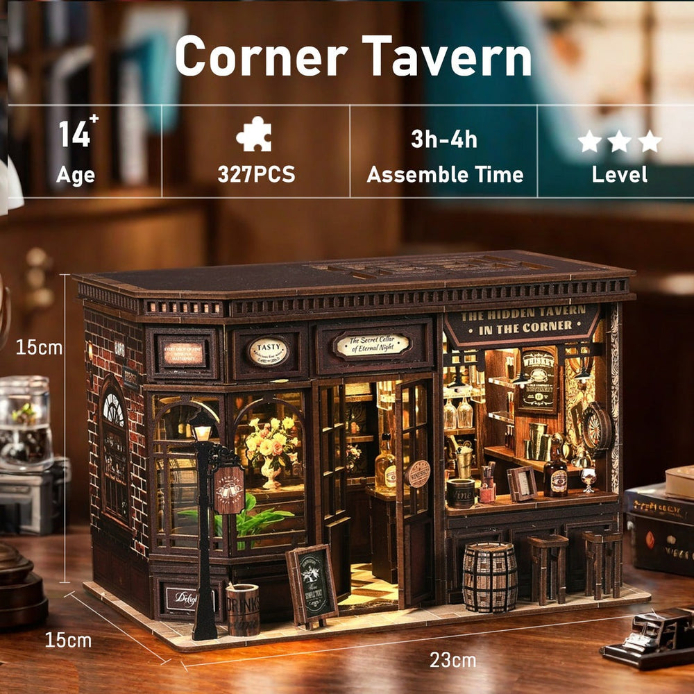 DIY Corner Tavern Book Nook Kit product details graphic highlighting 327 pcs, 3h-4h assemble time, and medium difficulty.