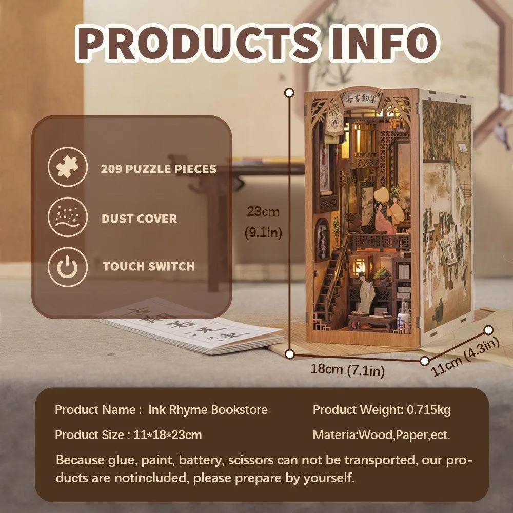 Product info graphic showing dimensions and features of the Ink Rhyme Bookstore book nook kit against a blurred interior