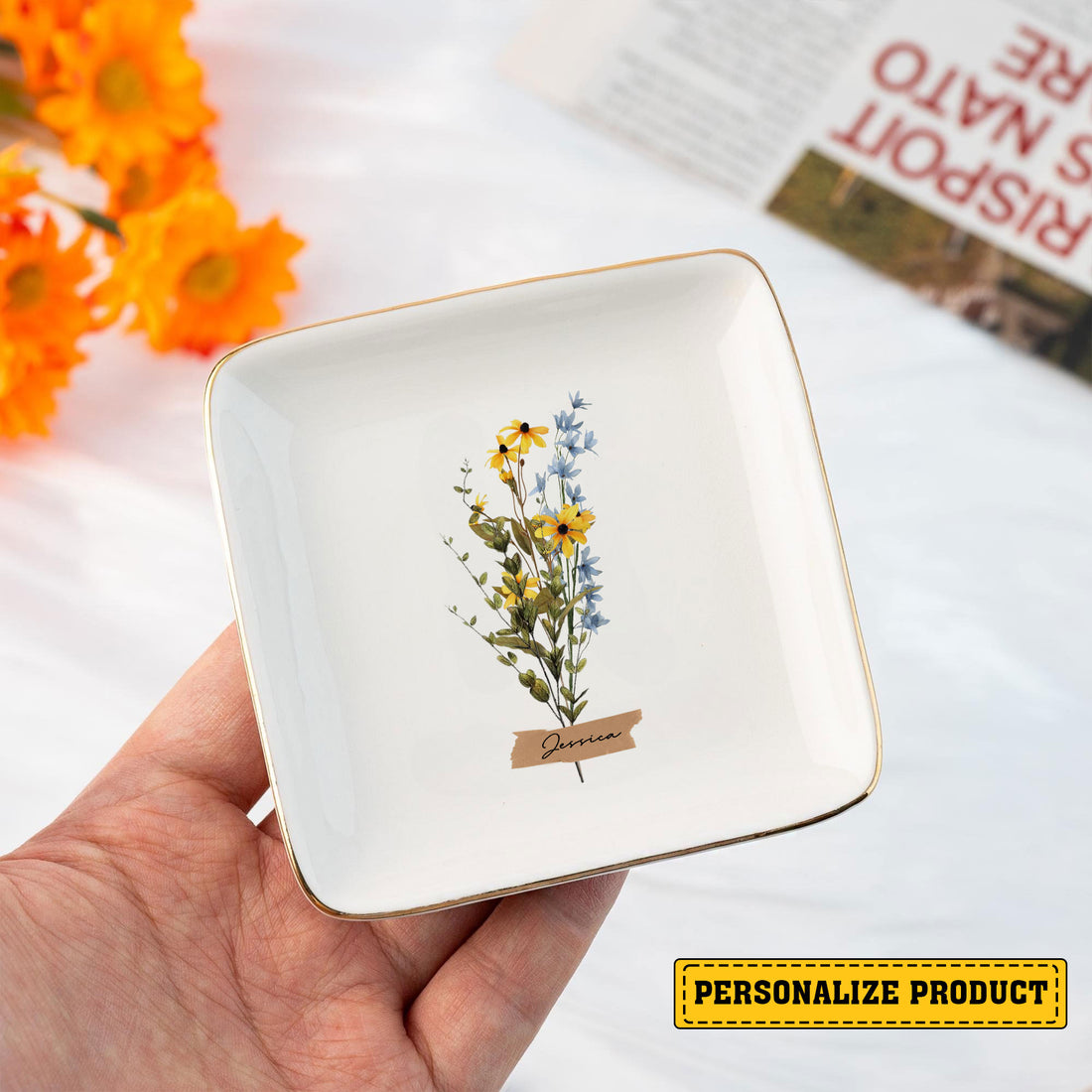 Personalized Ring Dish Customized Name and Flower Ceramic Jewelry Tray - LuthCreative