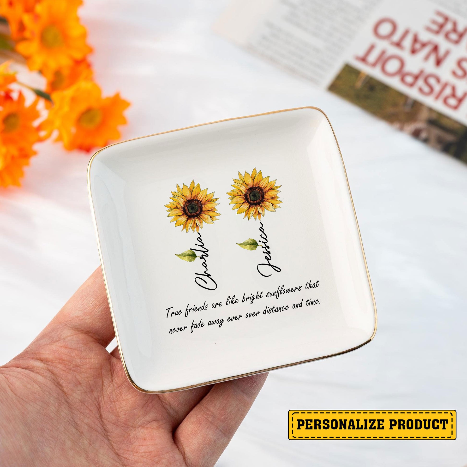 Personalized Gift True Friends Are Like Bright Sunflower Ring Dish-Gift For Best Friend-Bestie Gift-Custom Jewelry Tray-Ring Holder - LuthCreative