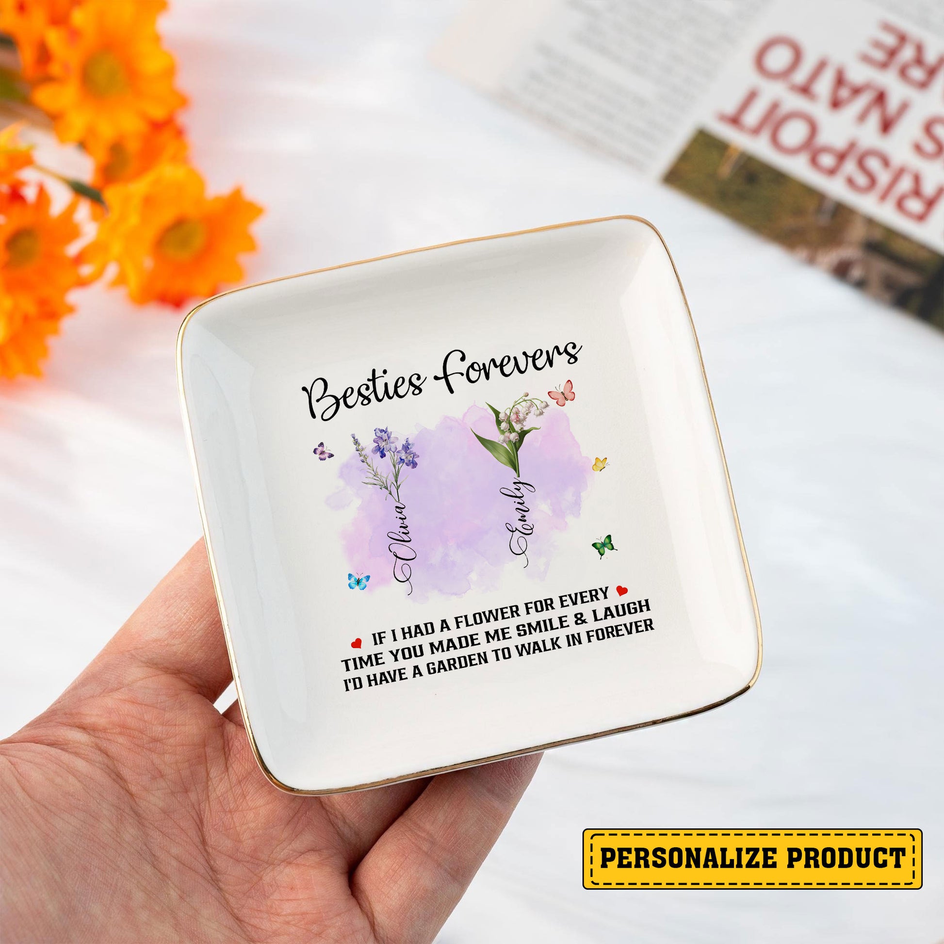 Personalized Gift Sister Forever Jewelry Dish, Sister Birthday Month Flower Garden Jewelry Holder - LuthCreative