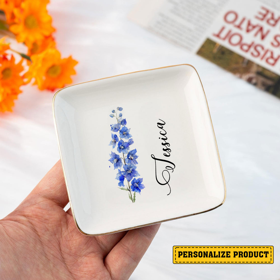 Personalized Ring Dish Customized Name and Flower Ceramic Jewelry Tray - LuthCreative