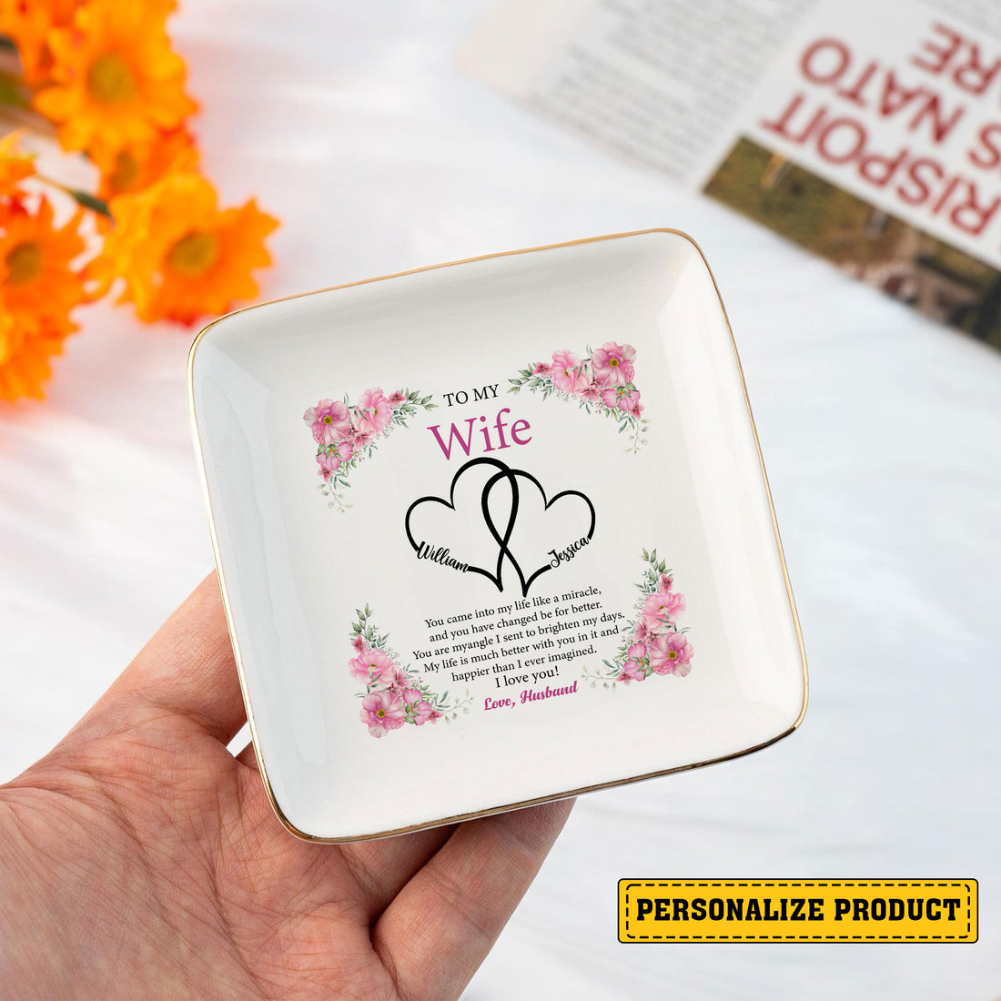 Personalized Ring Dish - 'To My Wife' Wedding Gift - Floral Wedding Jewelry Trays - Wedding Heart Ring Dish - LuthCreative