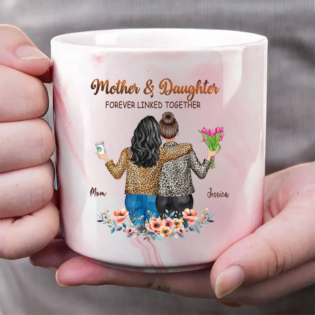 Mother and Daughter forever Linked Together Personalized Marble Mug, Gift For Mom, Gift For Grandma