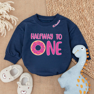 Baby Bodysuit Romper Long Sleeve Customize Halfway To One Personalized Custom Babysuit - Gift For Baby And Mom