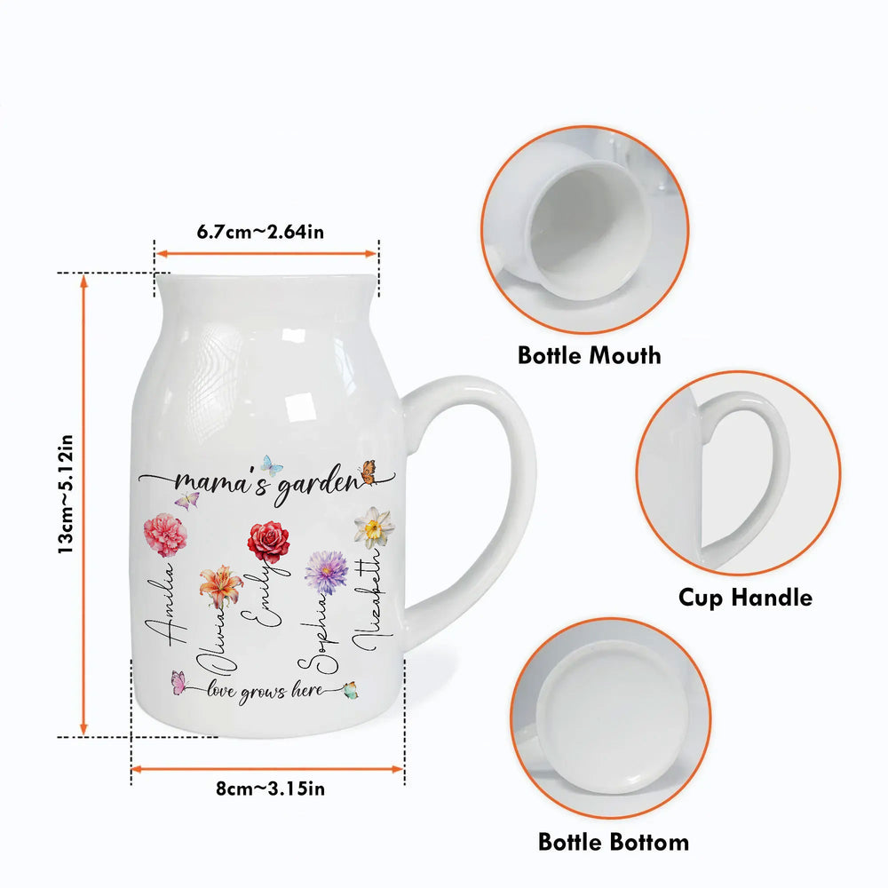 White ceramic flower vase showing dimensions and detailed inset views of the mouth, handle, and bottom.