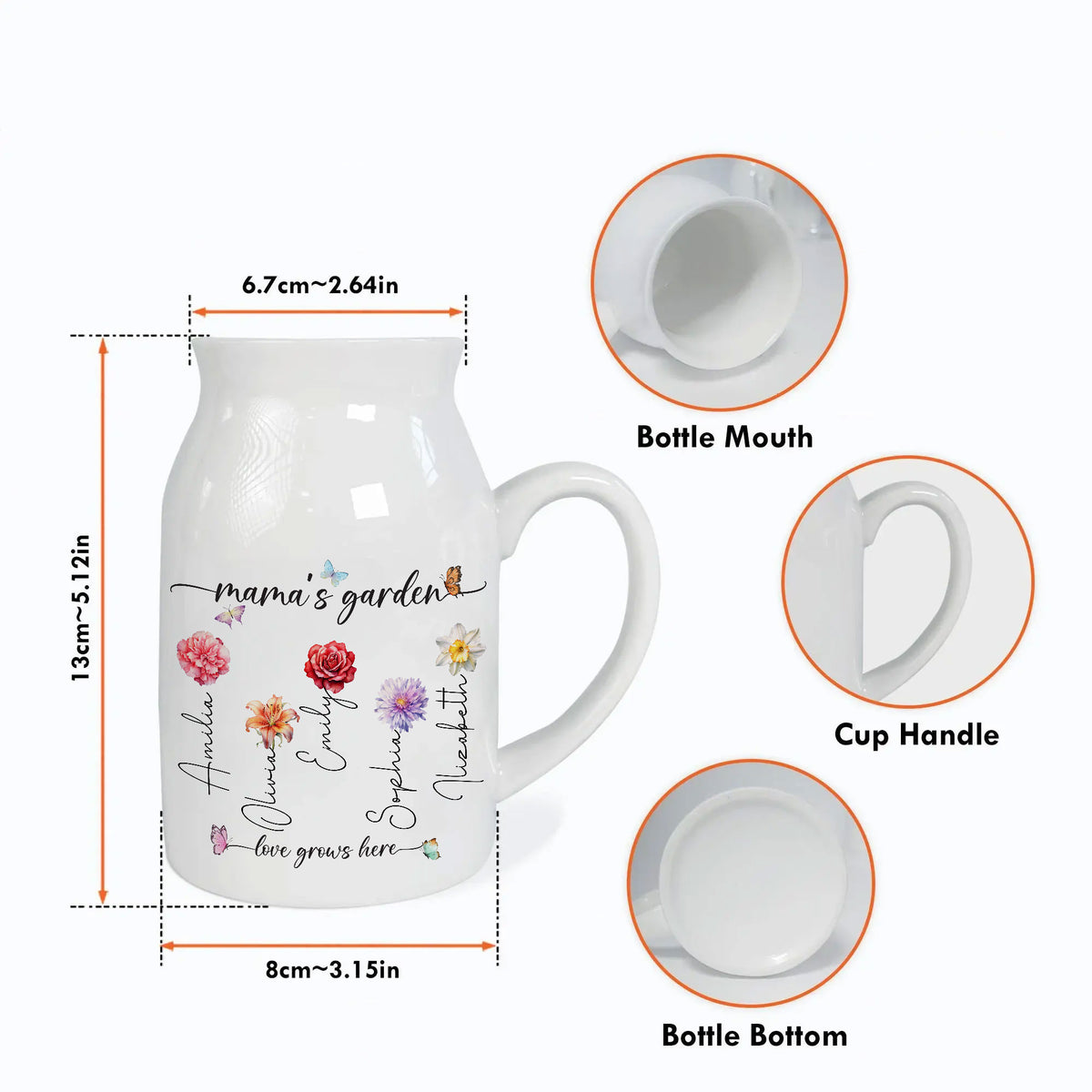 White ceramic flower vase showing dimensions and detailed inset views of the mouth, handle, and bottom.