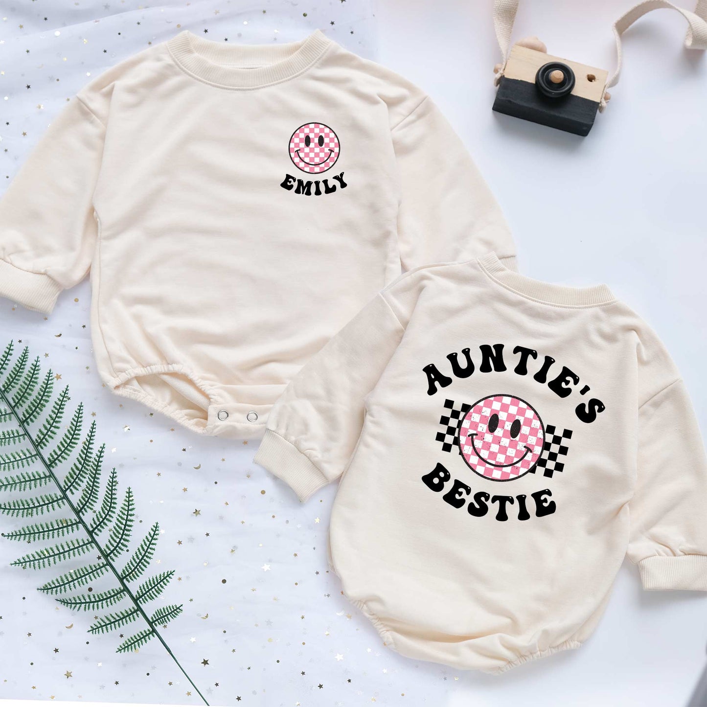 Auntie's Bestie Smile Face Custom Name Personalized Baby Romper - Short/Long Sleeve (0-2Y) - LuthCreative