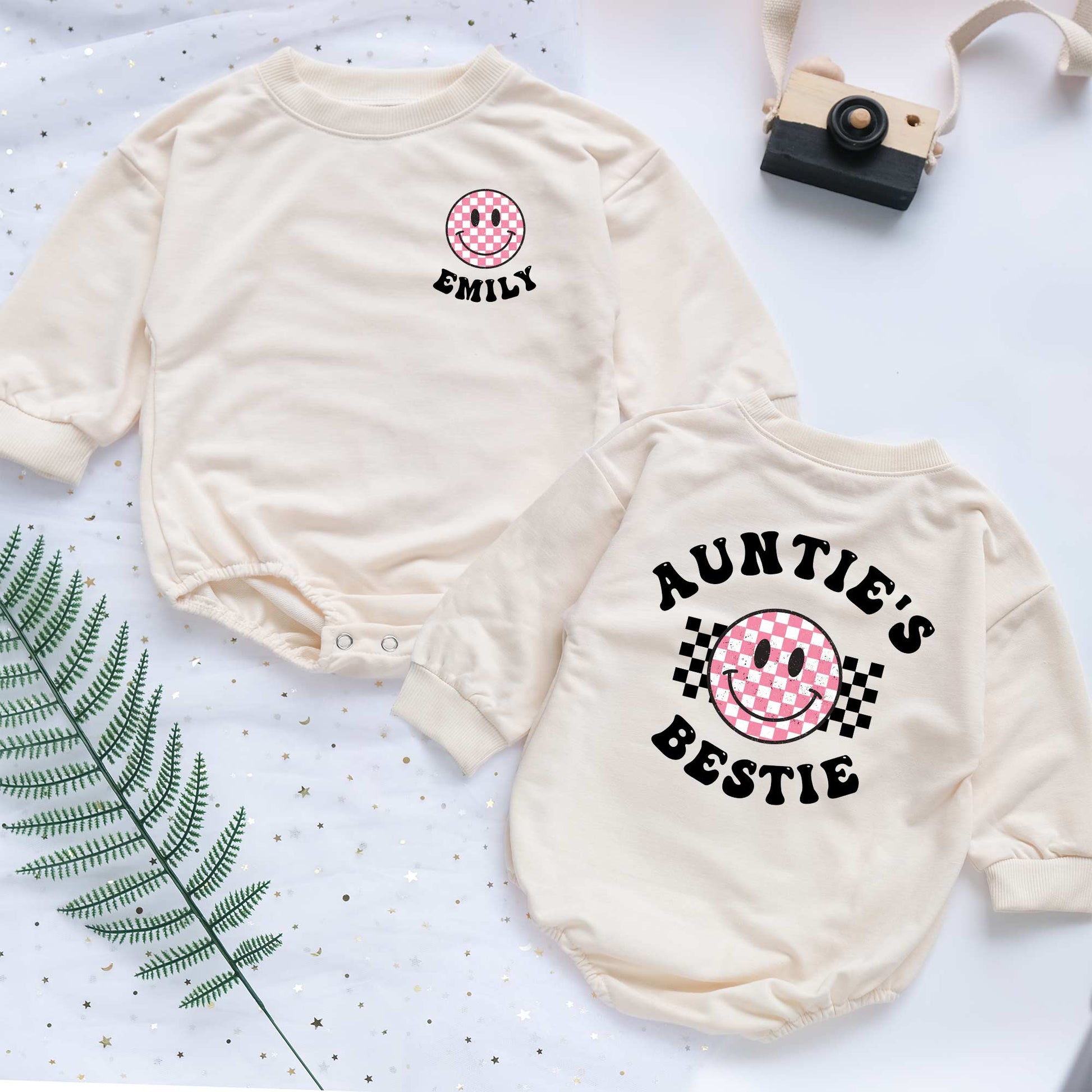 Auntie's Bestie Smile Face Custom Name Personalized Baby Romper - Short/Long Sleeve (0-2Y) - LuthCreative