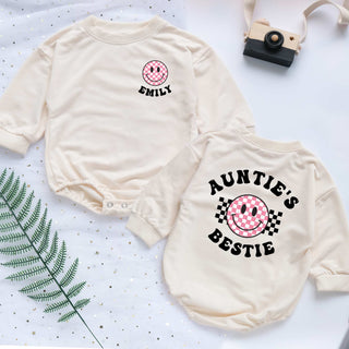 Auntie's Bestie Smile Face Custom Name Personalized Baby Romper - Short/Long Sleeve (0-2Y)