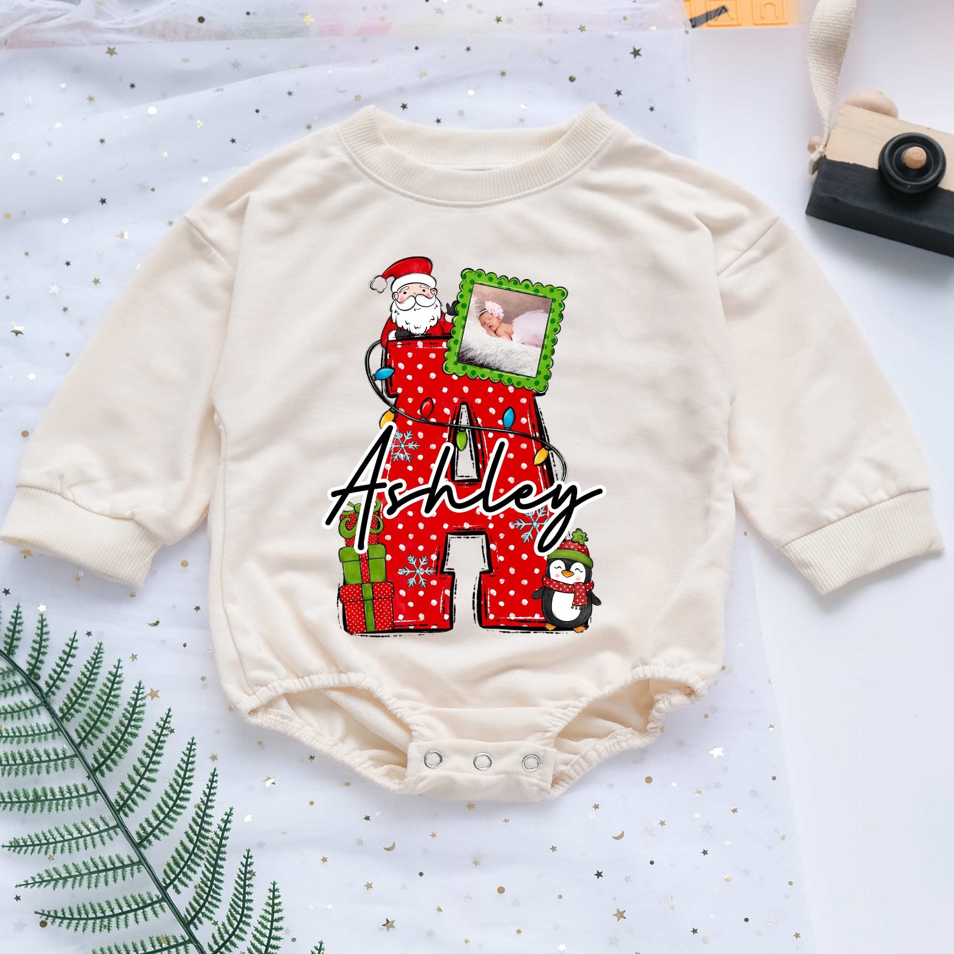 First Letter Custom Name Christmas Personalized Baby Romper - Short/Long Sleeve (0-2Y) - LuthCreative