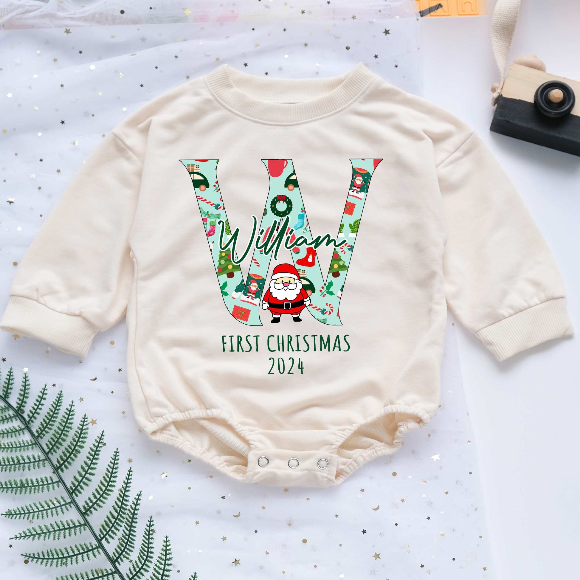 Custom First Letter First Christmas 2024 Personalized Baby Romper - Short/Long Sleeve (0-2Y) - LuthCreative