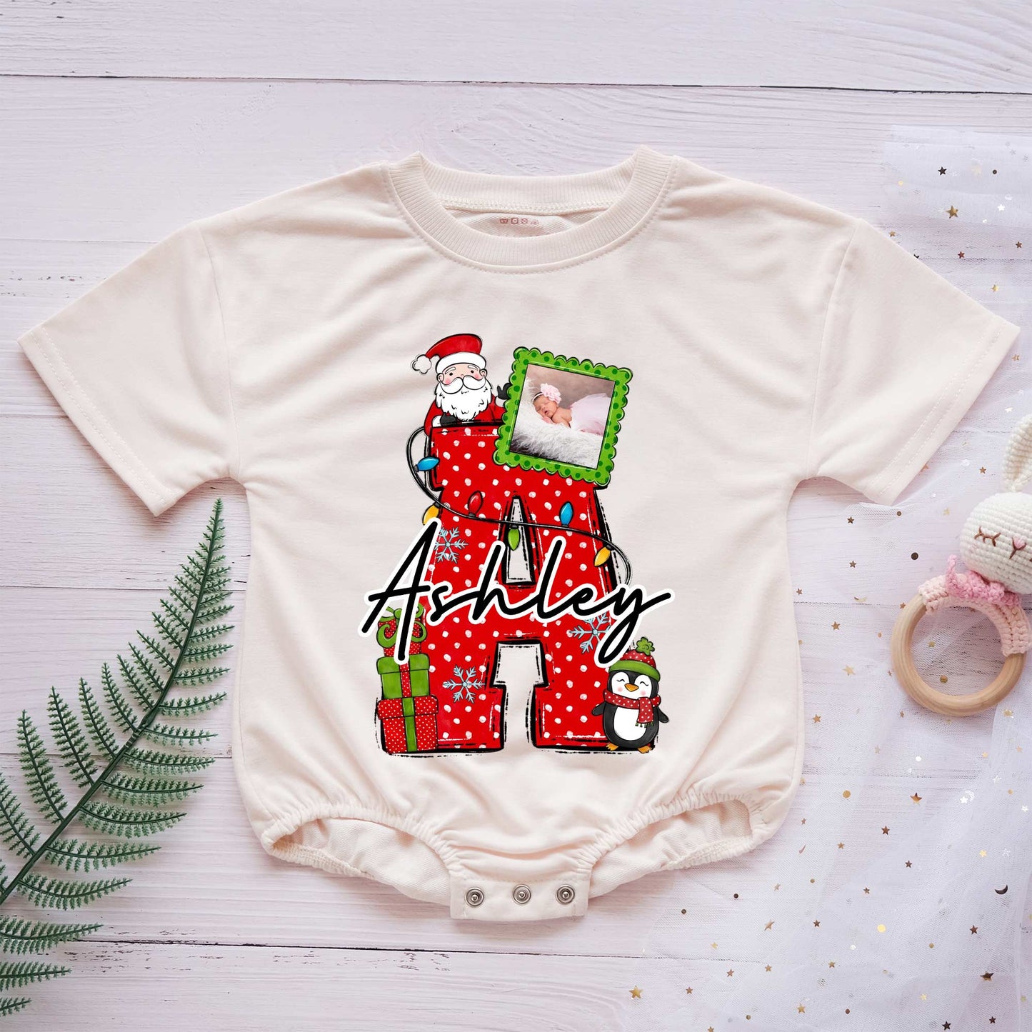 First Letter Custom Name Christmas Personalized Baby Romper - Short/Long Sleeve (0-2Y) - LuthCreative