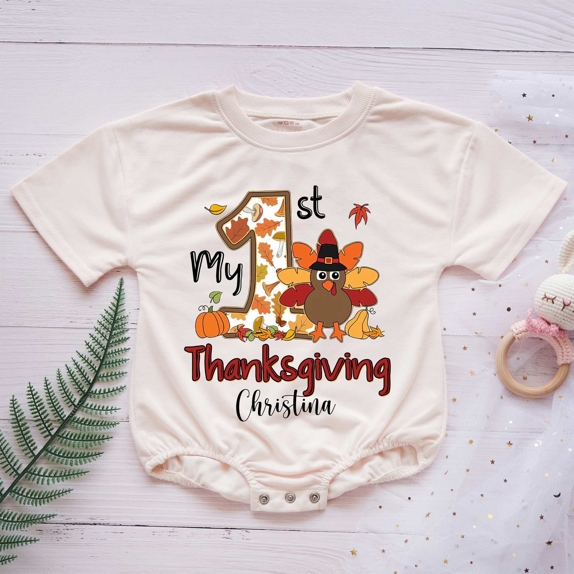 Personalized Baby's 1st Thanksgiving Romper - Custom Name & Short/Long Sleeve (0-2Y) - LuthCreative