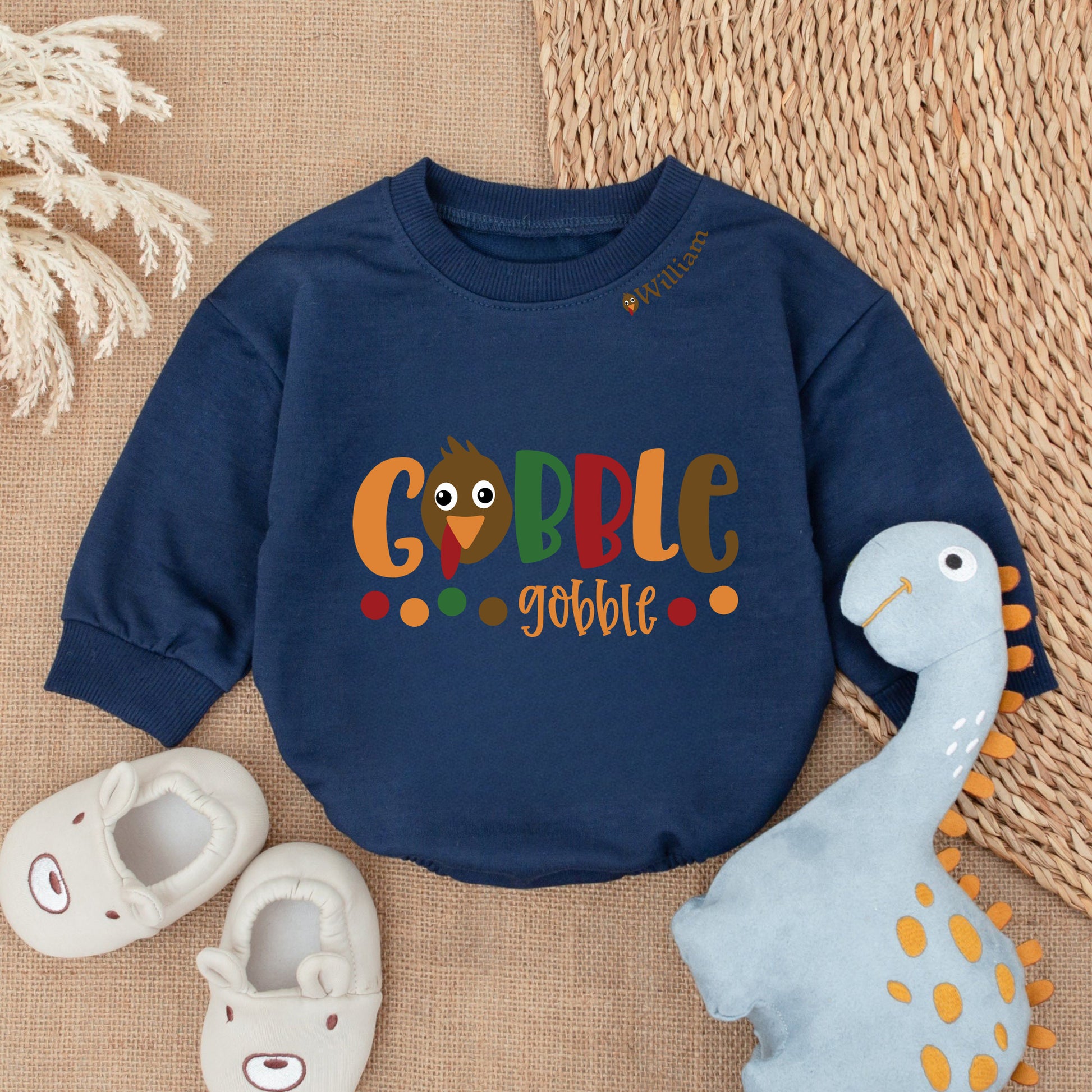 Baby Bodysuit Romper Long Sleeve Gobble Customize Name Neck Personalized Custom Babysuit - Gift For Baby And Mom - LuthCreative