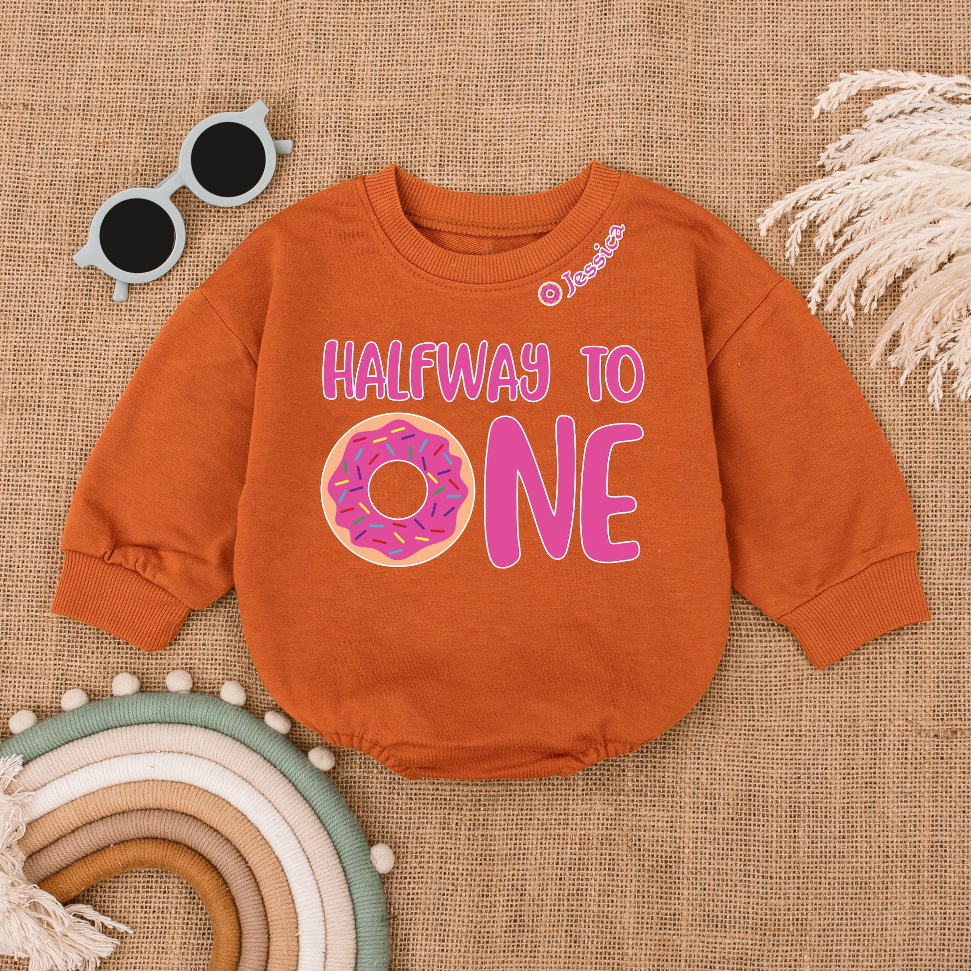 Baby Bodysuit Romper Long Sleeve Customize Halfway To One Personalized Custom Babysuit - Gift For Baby And Mom - LuthCreative