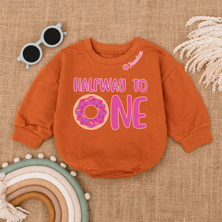 Baby Bodysuit Romper Long Sleeve Customize Halfway To One Personalized Custom Babysuit - Gift For Baby And Mom