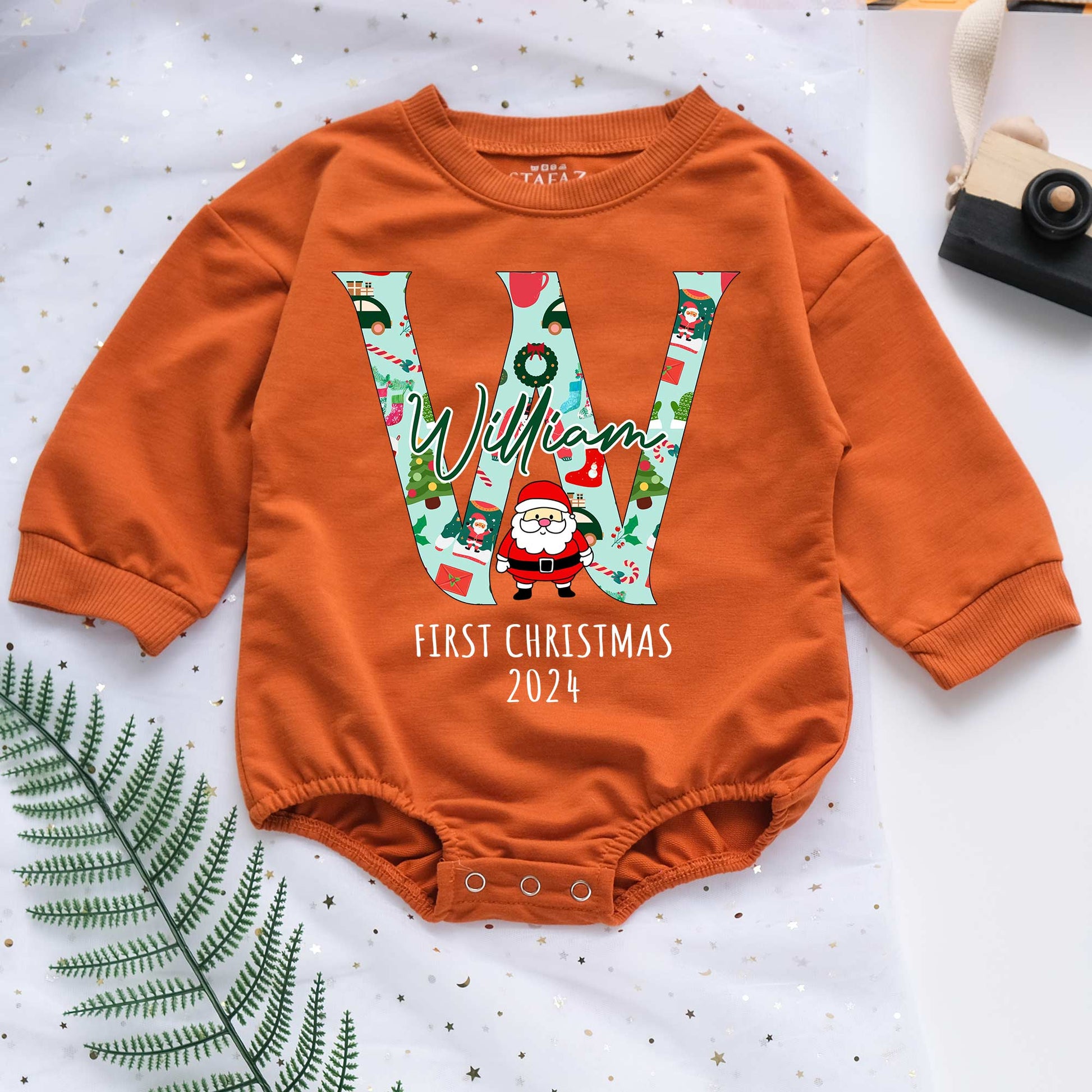 Custom First Letter First Christmas 2024 Personalized Baby Romper - Short/Long Sleeve (0-2Y) - LuthCreative