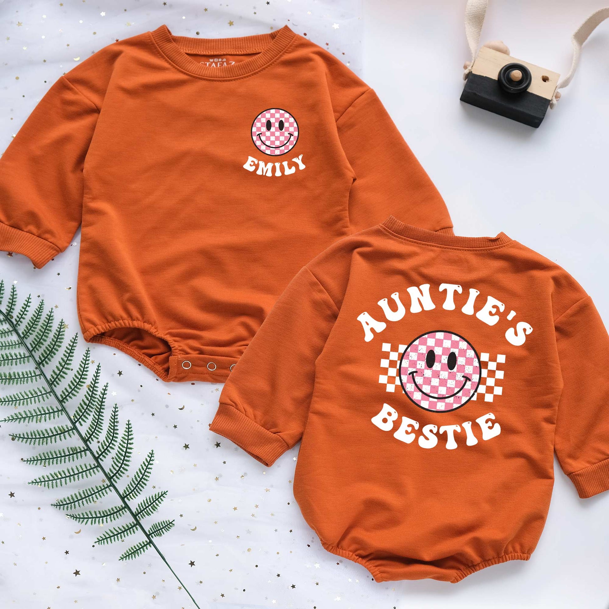 Auntie's Bestie Smile Face Custom Name Personalized Baby Romper - Short/Long Sleeve (0-2Y) - LuthCreative