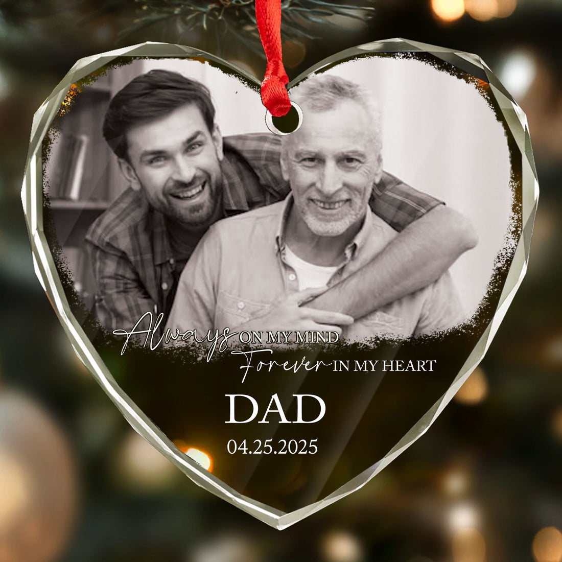 Personalized Custom Photo Ornament - Memorial Tribute Gift for Dad - Heart Shaped Crystal Keepsake - Add Photo, Name and Date