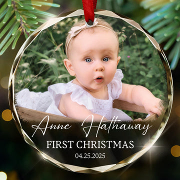Personalized Custom Photo Ornament for Baby’s First Christmas - Heart Shaped Crystal Keepsake Gift - Add Name, Date and Photo