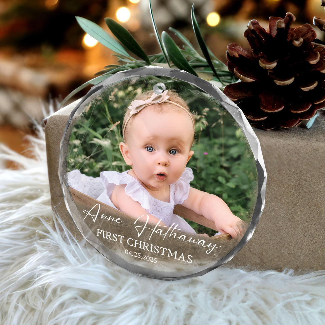 Personalized Custom Photo Ornament for Baby’s First Christmas - Heart Shaped Crystal Keepsake Gift - Add Name, Date and Photo