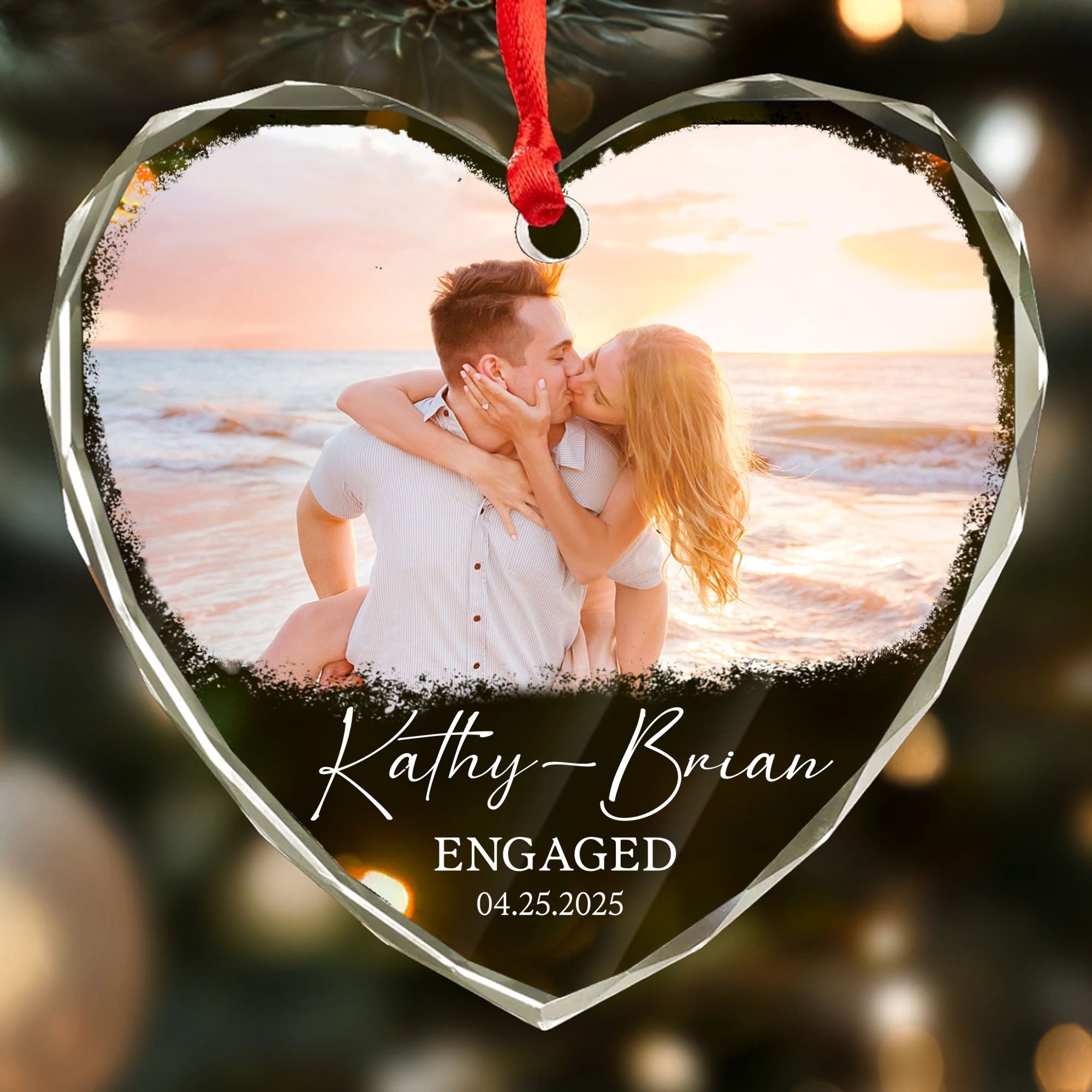 Personalized Custom Photo Ornament for Couples, Romantic Beach Sunset Keepsake, Add Your Own Photo and Names, Unique Heart Shape Engagement