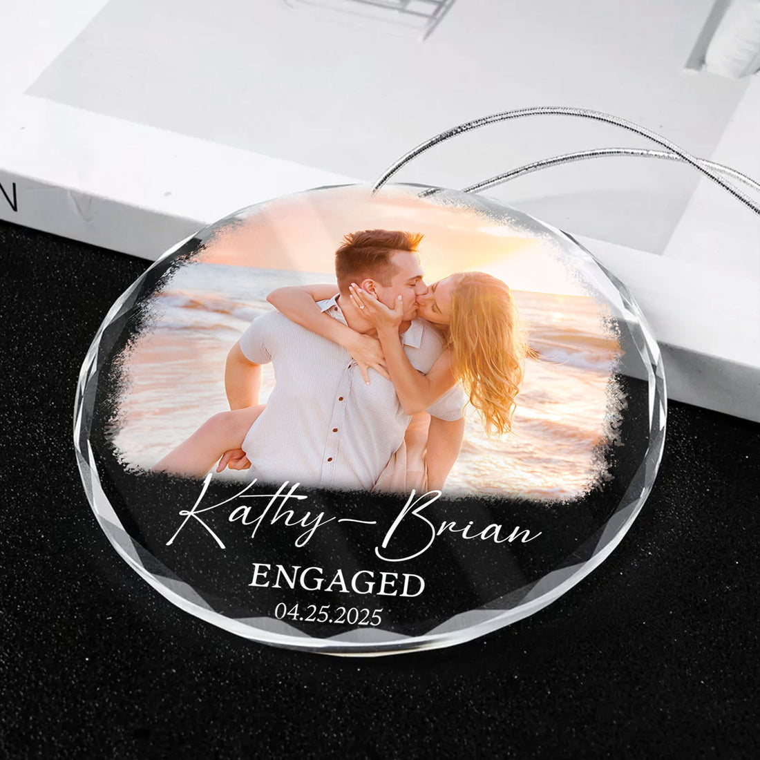 Personalized Custom Photo Ornament for Engaged Couple, Engagement Keepsake, Add Your Own Beach Sunset Photo, Romantic Gift Ornament