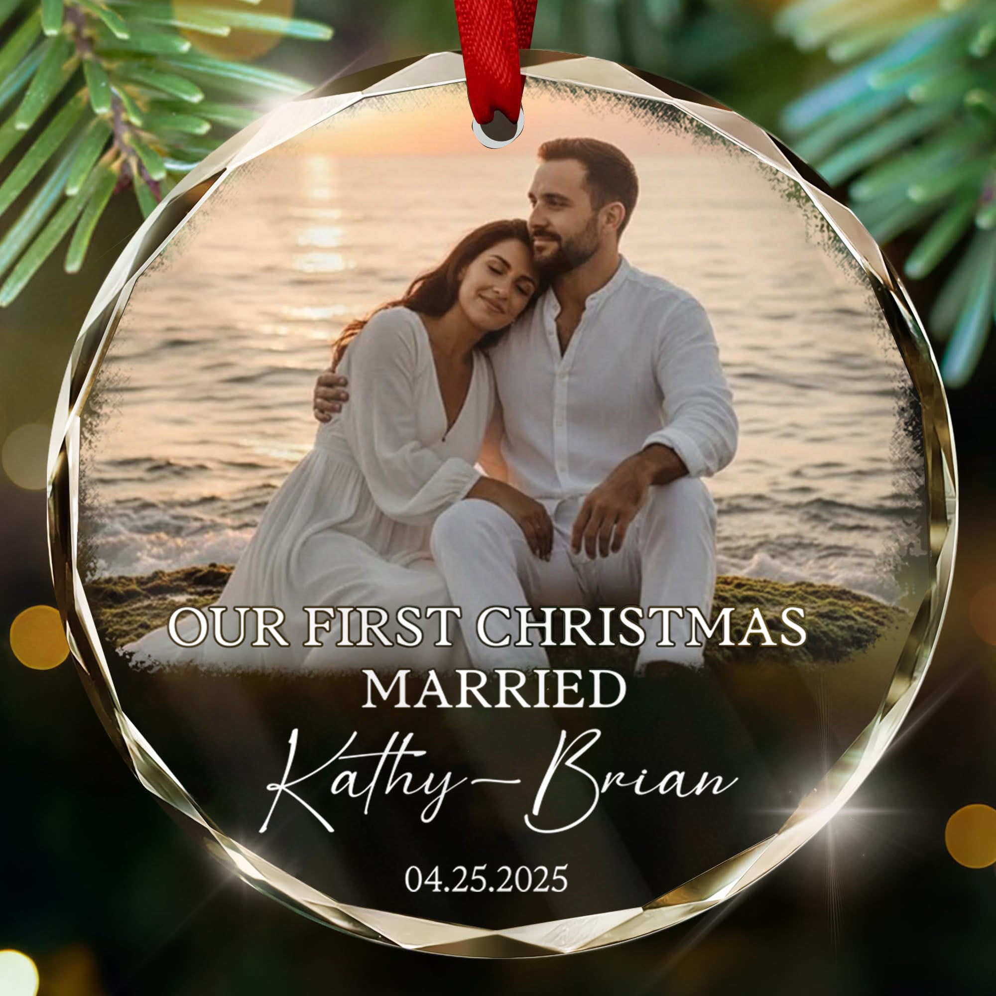 Personalized Custom Photo Ornament for Engaged Couple, Engagement Keepsake, Add Your Own Beach Sunset Photo, Romantic Gift Ornament