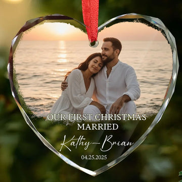 Personalized Custom Photo Ornament for Newlyweds First Christmas, Heart Shaped Keepsake, Married Couple Gift, Add Your Own Photo and Names