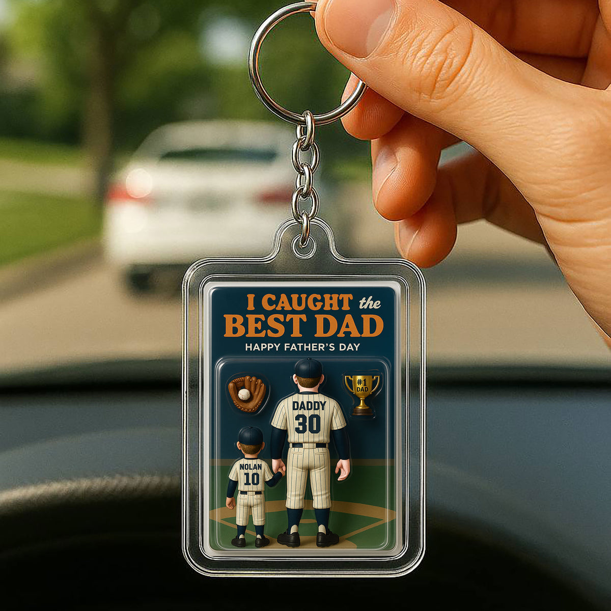 Personalized Baseball Dad Keychain – “I Caught the Best Dad” 3D Acrylic Father’s Day Gift from Daughter with Custom Jerseys