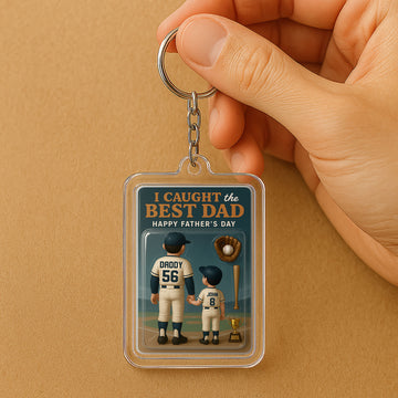 Personalized Baseball Dad Keychain – “I Caught the Best Dad” 3D Acrylic Gift from Daughter – Happy Father’s Day Keepsake

