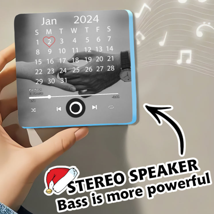 Personalized Calendar & Music Fridge Magnet held in hand, showing a January 2024 calendar with a heart on Jan 2 and a photo