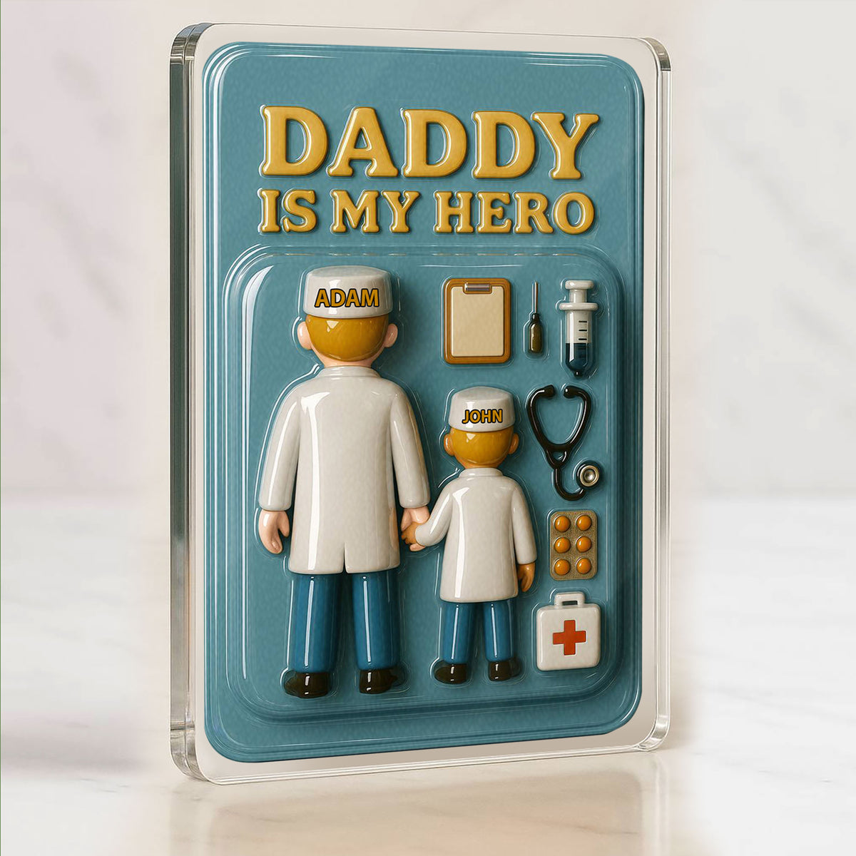 Personalized Doctor Dad Father's Day Gift Decor Acrylic Plaque - Custom Doctor Dad & Son Father's Day 3D Plaque