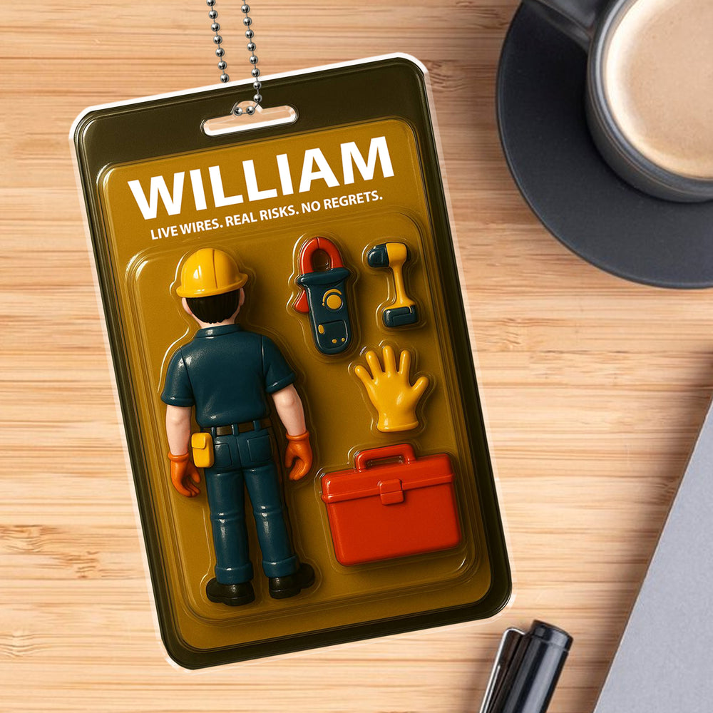 Custom acrylic car ornament styled like action figure packaging with an electrician figure, tools, and the name William on a