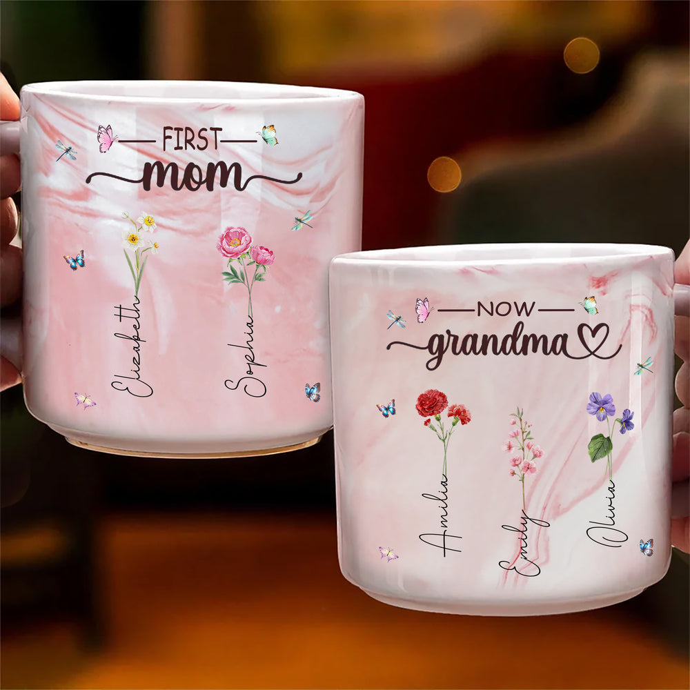 Personalized "First Mom Now Grandma" Mug with Grandchild's Name and Birth Flower

