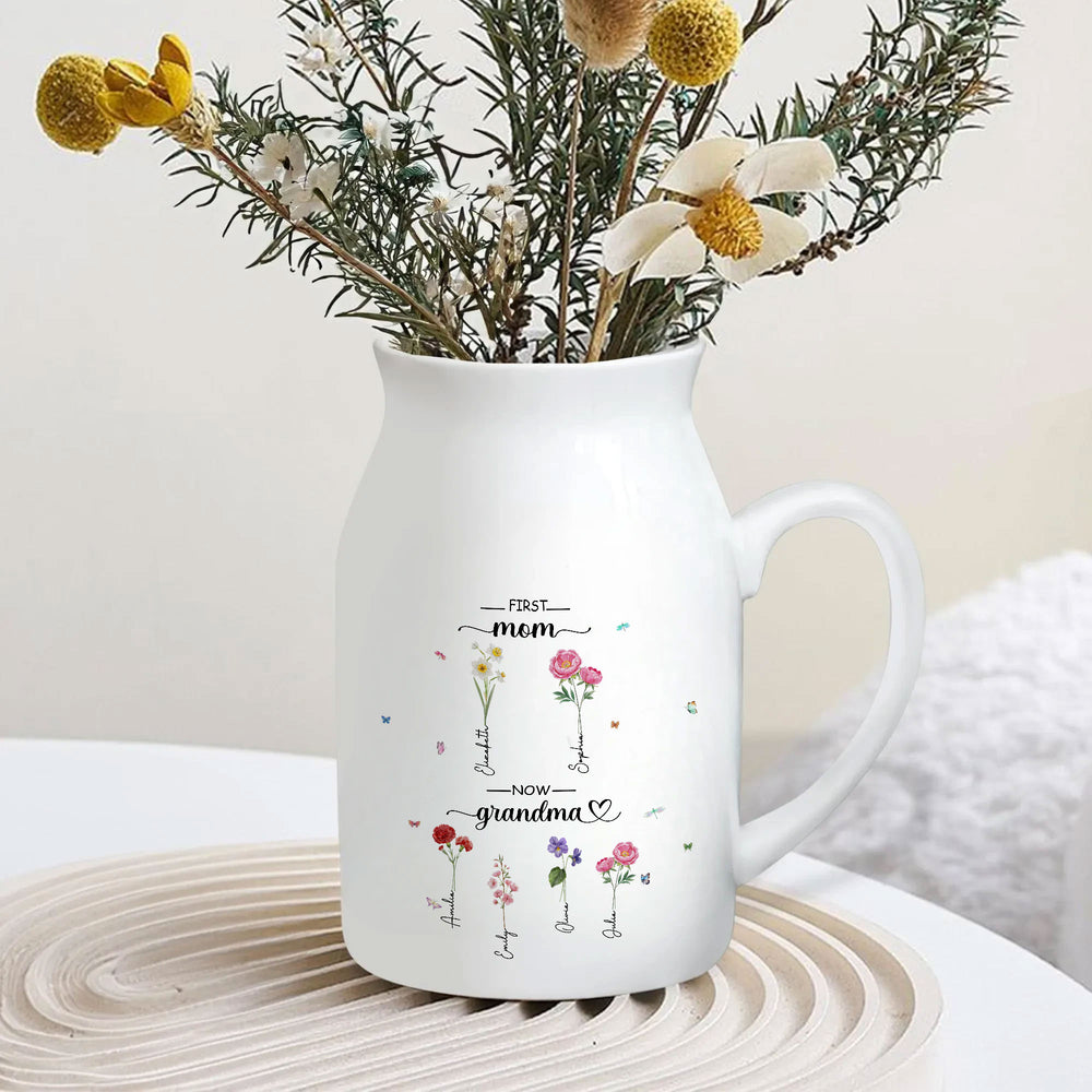 Personalized "First Mom, Now Grandma" Vase with Grandchild's Name and Birth Flower: Custom Mother's Day Gift