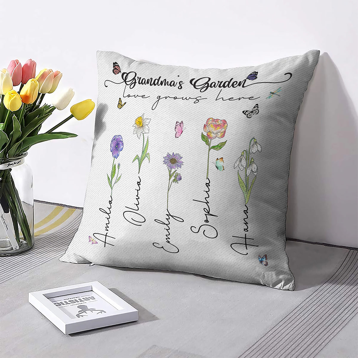 Personalized Garden Themed Pillow With "love Grows Here" Message And All Grandchildren's Names