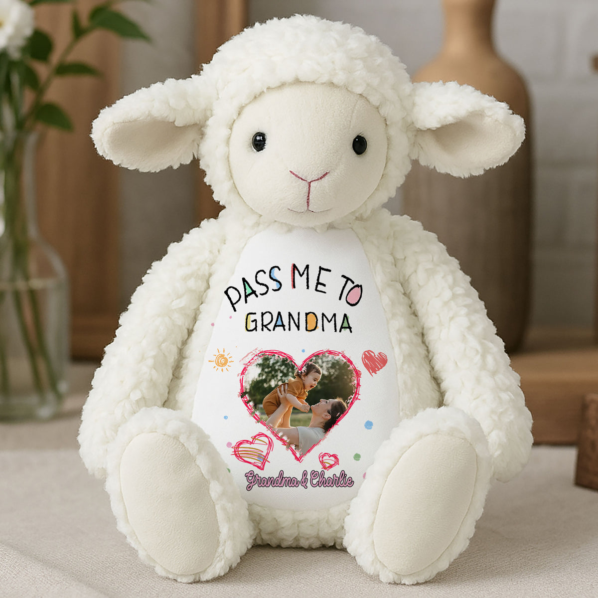 Personalized Gift for Grandma | Custom Photo Plush Lamb with "Pass Me To Grandma" Message
