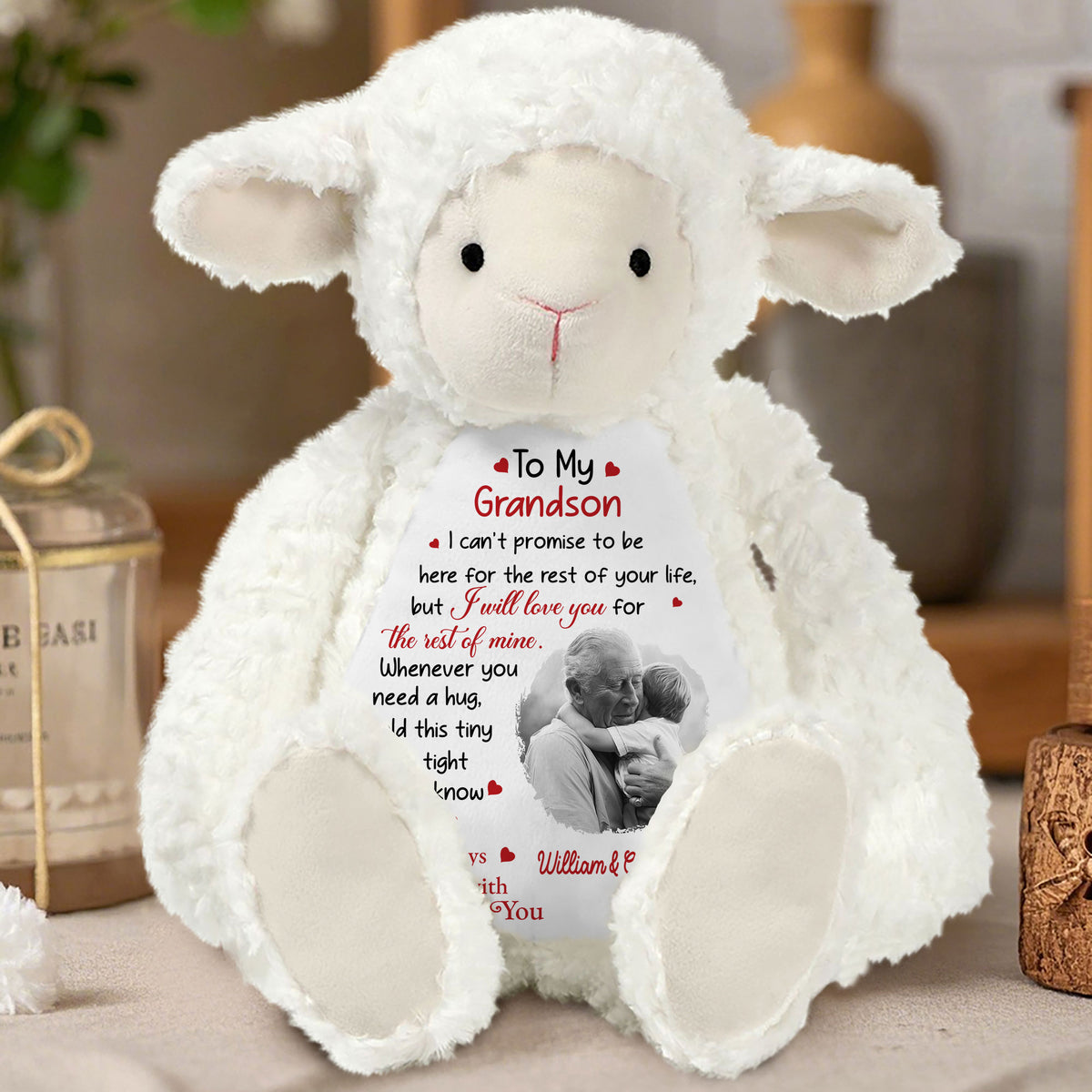 Personalized Gift for Grandson: Custom Photo Plush Lamb Stuffed Animal
