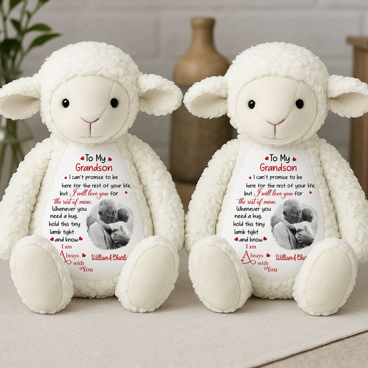 Personalized Lamb Stuffed Animal for Grandson - Custom Photo & Keepsake Message

