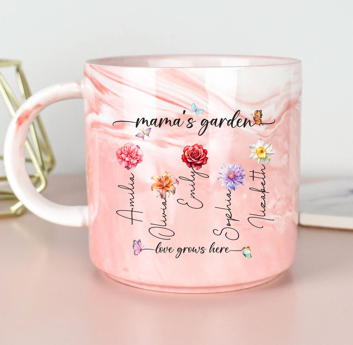Personalized Mama's Garden Birth Flower Marble Mug Gift for Mom

